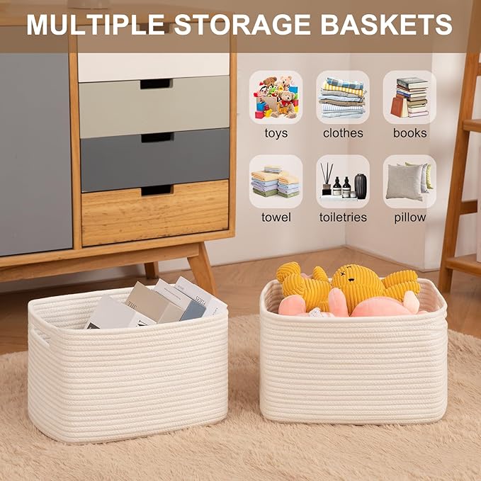 OIASKET Storage Baskets for Organizing, Woven Decorative Baskets for Shelves - Books, Towels, and Clothes, Cotton Rope Toy St