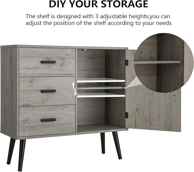 Iwell Storage Cabinet with 3 Drawers & Adjustable Shelf, Sideboard Buffet Cabinet, Small Freestanding Floor Storage Unit, for