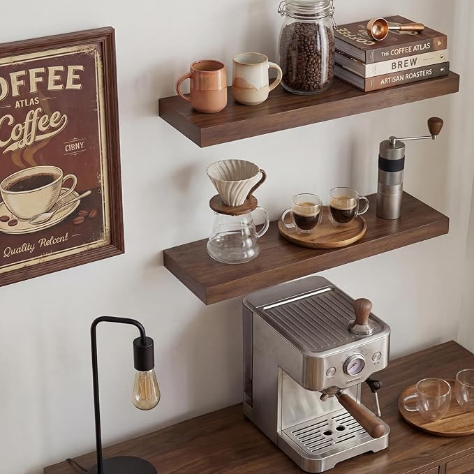 INHABIT UNION Walnut Floating Shelves for Wall, 24 in Wall Mounted Shelves Perfect for Bedroom, Bathroom, Living Room and Kit
