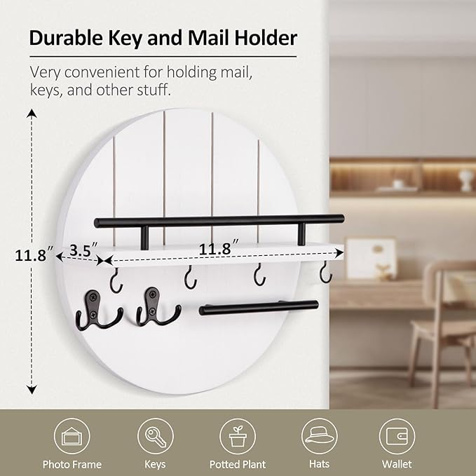 Nekon Rustic Wall Mount Key Organizer, 11.8 Inch Rack with Shelf and 6 Hooks, Circular Wooden Key Hanger for Entryway Hallway