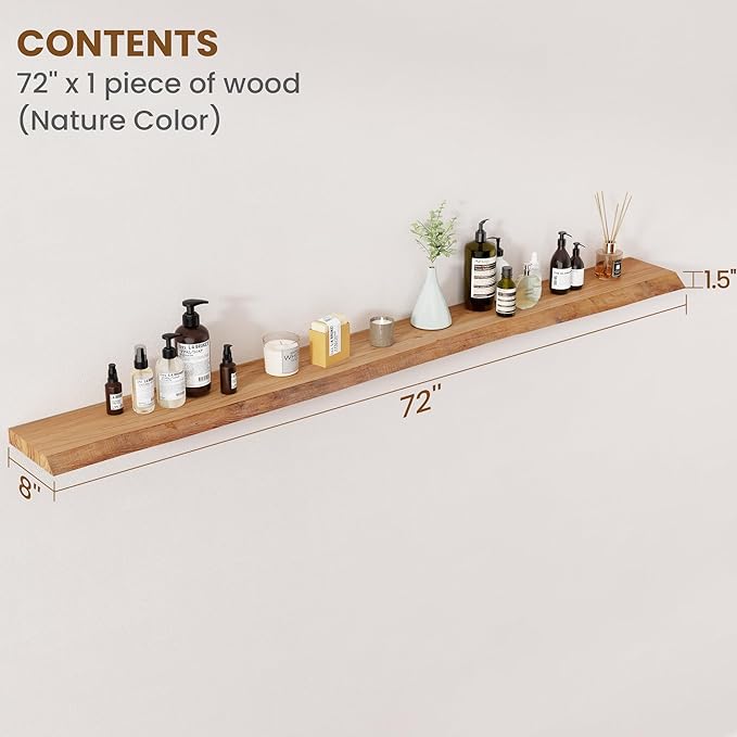 Floating Shelves for Wall Decor, Rustic Solid Elm Wood Live Edge Floating Shelves Wall Mounted, Wall Shelves with Invisible B