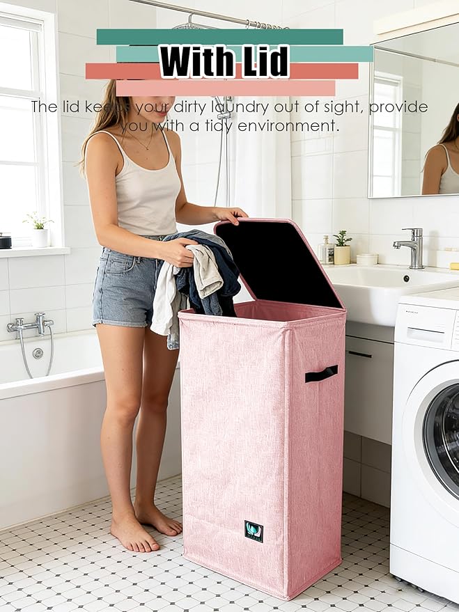 WTREE Laundry Hamper with Lid, Reinforced Sturdy Clothes Hamper with Anti-Puncture Base, Large Collapsible Laundry Basket wit