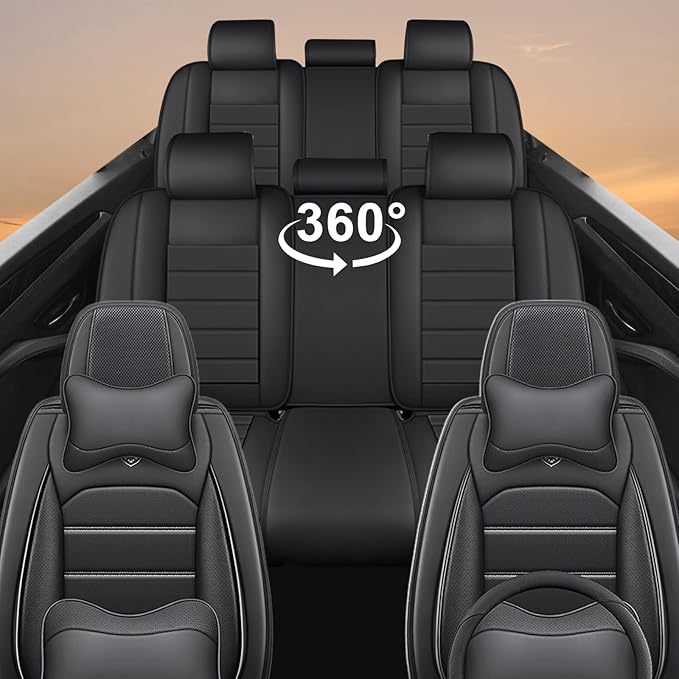 Seat Covers for Ford Expedition Max 2018-2026 8 Seaters, Compatible Airbag Non-Slip Waterproof Leather Seat Protector, Luxury Car Seat Cover Full Set with Pillow Steering Wheel Covers, Black