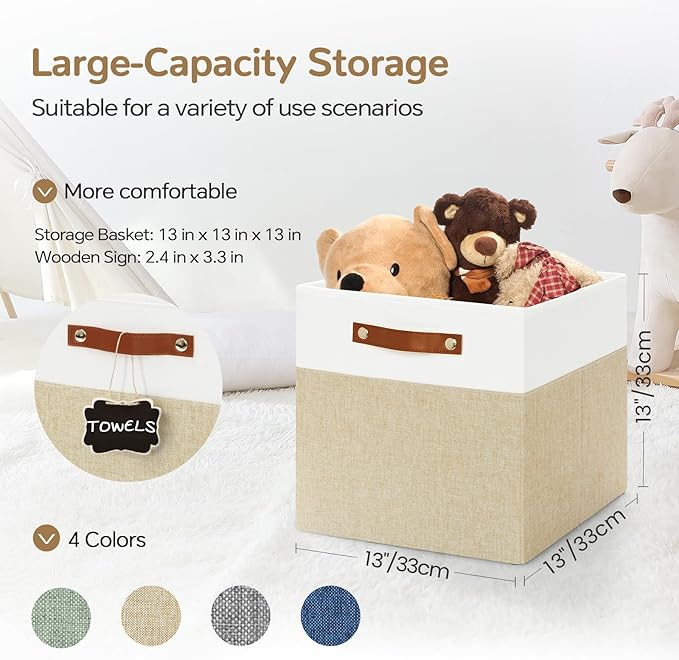 13x13 Storage Cubes 4-Pack, Large Foldable Fabric Cube Storage Bin with Reinforced Bottom and Labels, Organizer Baskets for S