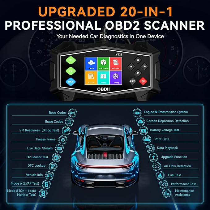 Enhanced OBD2 Scanner Diagnostic Tool - Check Engine Code Reader with Battery Tester, EVAP, Live Data, Mode 6/8, Professional