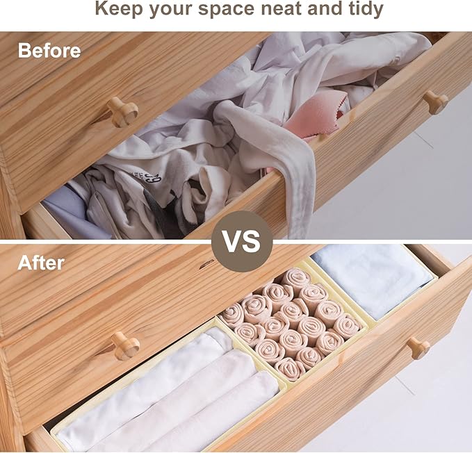 6 Pack Dresser Organizers - Drawer Organizers for Clothing & Baby, Woven-Fabric Storage Drawers (Beige