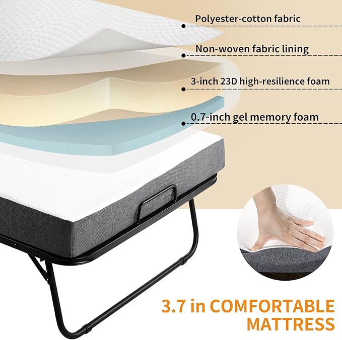 MAMIZO Foldable Bed,Portable Bed,Folding Bed with Mattress,75" x 31" Twin Size Rollaway Bed with Mattress for Adults,Metal Fr