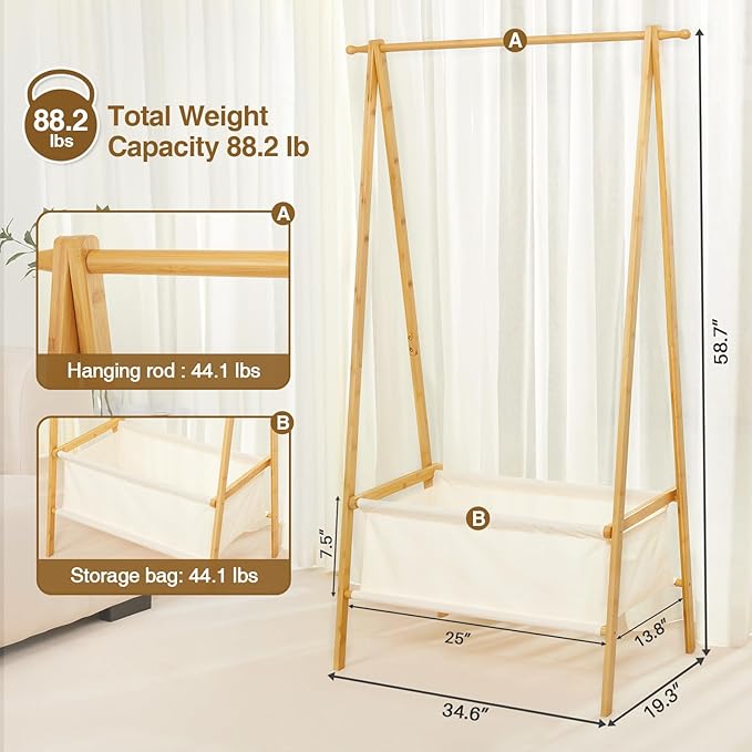 Cozivolife Bamboo Clothes Rack with Storage Box, Garment Holder Clothing Stand for Hanging Coat, Foldable Wardrobe Organizer 