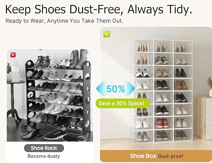 Kuject XX-Large Shoe Storage Boxes Organizers Clear Plastic Stackable 12 Pack, Shoe Rack & Holder Substitute, Sneaker Contain