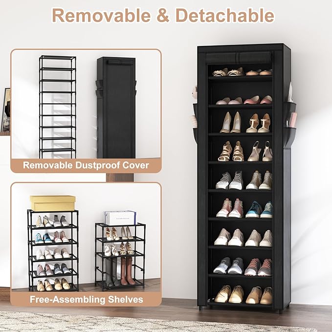 VILICK Shoe Rack with Cover Narrow Shoe Organizer with 4 Side Pockets 10 Tier Tall Shoe Storage Holds 18-22 Pairs Shoes and B