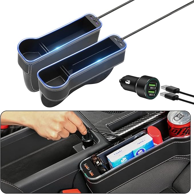 2 Pack Car Seat Gap Organizer,Multifunctional Seat Gap Storage Box with USB Fast Charger, Car Seat Pockets with Led Light, Car Seat Gap Filler with Cup Holder (Black)