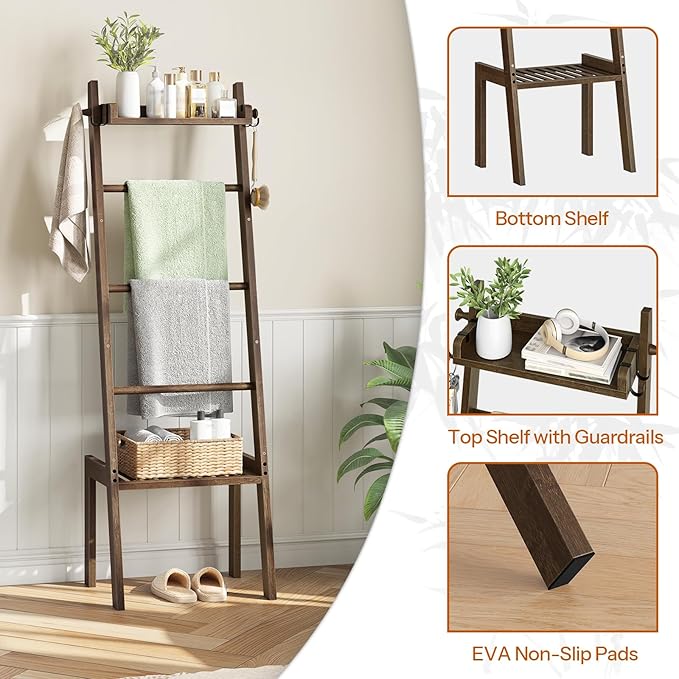 HOOBRO Blanket Ladder, 5 Tier Bamboo Ladder Shelf, Blanket Ladders for Living Room and Bedroom, Farmhouse Blanket Holder Rack