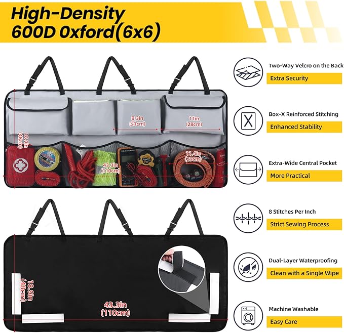 Car Backseat Hanging Trunk Organizer Extra-Long, 30% More Storage, 8 Large Pockets Car Storage Bag for SUV, Truck, Van - Super Capacity SUV