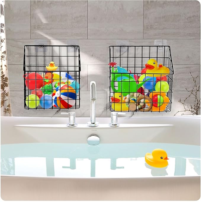 2 Pack Bath Toy Storage Organizer Basket, Large Metal Bathtub Toy Holder, Wall Mounted Hanging Shower Basket, Bath Toy Organi