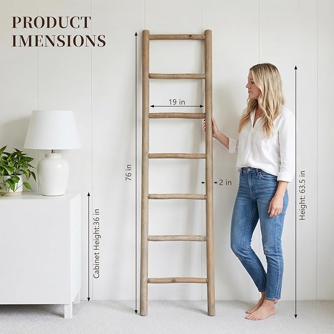 Wooden Blanket Ladder - 76in Natural Wood Color- Leaning Wall Decor for Bedroom, Bathroom, Living Room - Rustic Quilt Holder 