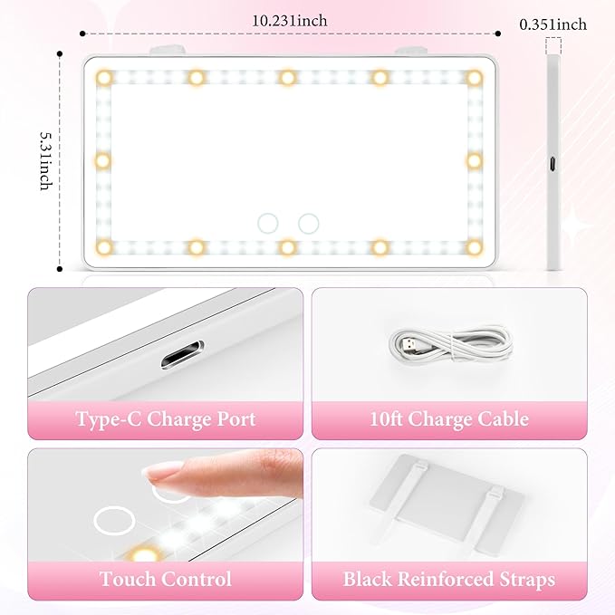 SINGARO 2PCS Car Sun Visor Vanity Mirror - Rechargeable Makeup Mirror with 60 LEDs, 3 Light Modes & Dimmable Touch Control for Cars, Trucks, SUVs, Car Interior Accessories for Women (White)