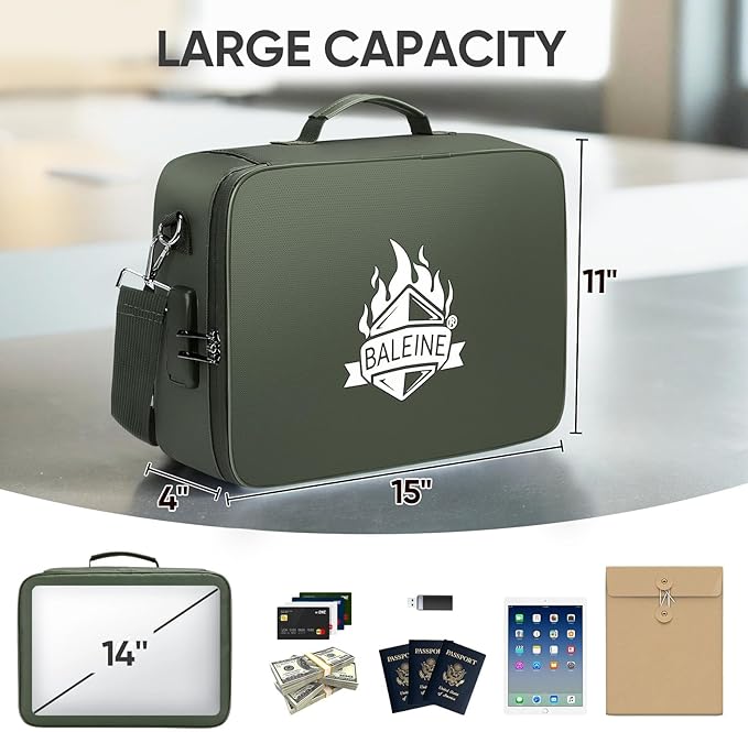 BALEINE Fireproof Document Box with Lock, Portable Fireproof Document Bag Waterproof Fire Proof File Boxes for Documents, Fil