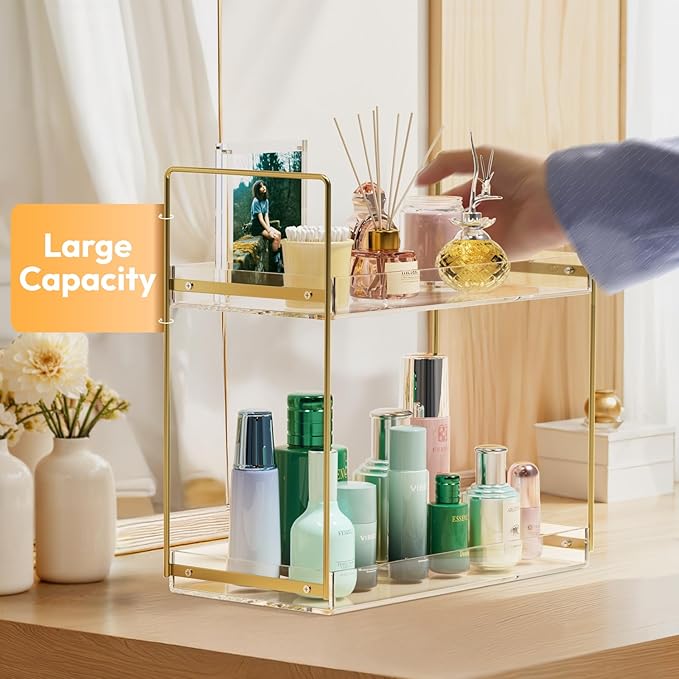 Bathroom Countertop Organizer, 2 Tier Acrylic Tray Vanity Counter Skincare Organizer Shelf, Kitchen Under Sink Standing Rack,