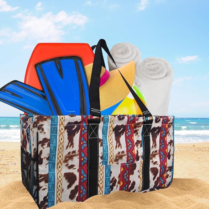 NGIL Extra Large Utility Tote Reusable Grocery Organizing Bag Oversized Collapsible for Storage, Picnic,Car, Beach (Tribal Cow-black)