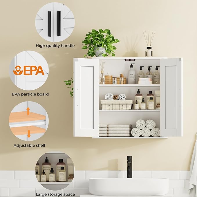 Homleke Bathroom Wall Cabinet, Over Toilet Storage Cabinet with Barn Doors and Adjustable Shelves, 3-Tier Medicine Cabinet Wa