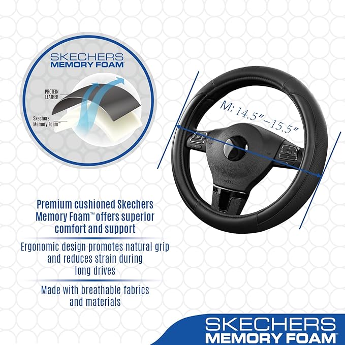 Skechers Steering Wheel Cover Memory Foam,Luxury Leather Steering Wheel Covers,Universal Anti-Slip Fit 14" 1/2-15" Car Wheel 