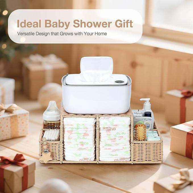Diaper Caddy Organizer, Hand Rattan Nursery Storage Basket for Baby Essentials, Baby Changing Table Organizer Perfect Nursery