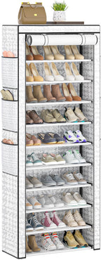 OYREL Shoes Rack 10 Tier Tall Shoe Rack with Storage Pockets, Fabric Covered Shoe Racks,Metal Shoes Rack Organizer for Closet