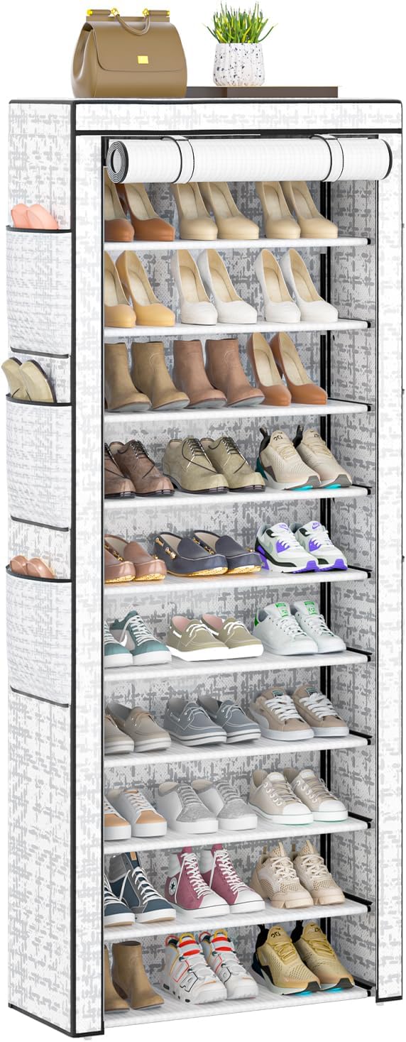 OYREL Shoes Rack 10 Tier Tall Shoe Rack with Storage Pockets, Fabric Covered Shoe Racks,Metal Shoes Rack Organizer for Closet