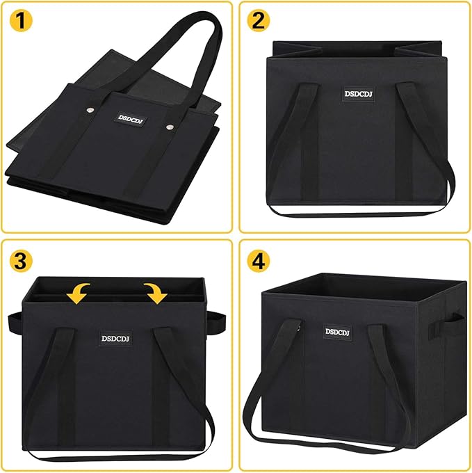 Reusable Grocery Bags 3 Pack - Heavy Duty Reusable Shopping Bags with Hard Bottom & Long Handles, Stand Up Grocery Boxes Reusable Foldable, 13x10.23x11in, Black
