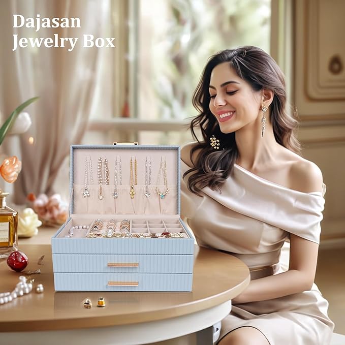 Dajasan Jewelry Box Organizer, 3-Tier Jewelry Storage with 2 Drawers, Large Jewelry Boxes for Women, PU Leather Surface with 