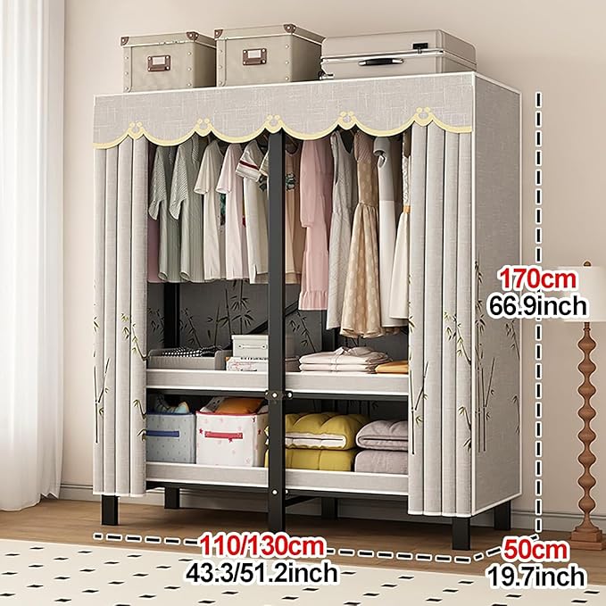 Portable Foldable Wardrobe Closet with Cover, Metal Clothes Rack for Hanging Garments, Stylish Curtain Organizer for Bedroom,