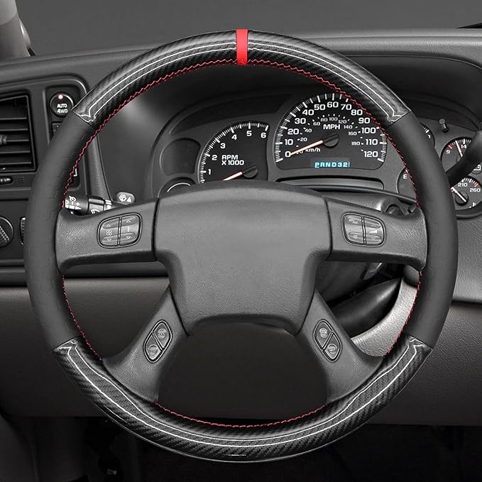 MEWANT Hand Stitch Steering Wheel Cover for Chevy Silverado 1500 Carbon Fiber Hive Embossed Faux Leather Steering Wrap