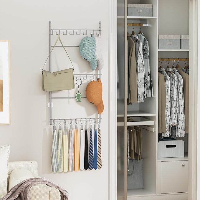 HapiRm Over Door Hat Rack - 3 Tier Wall Mounted Hat Organizer with 16 Hooks and 10 Movable Clips, Cap Hanger Storage up to 26