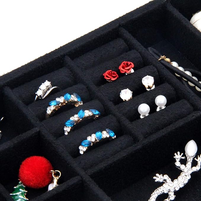 Two-Layer Jewelry Box Organizer Display Storage case with Lock (Black)