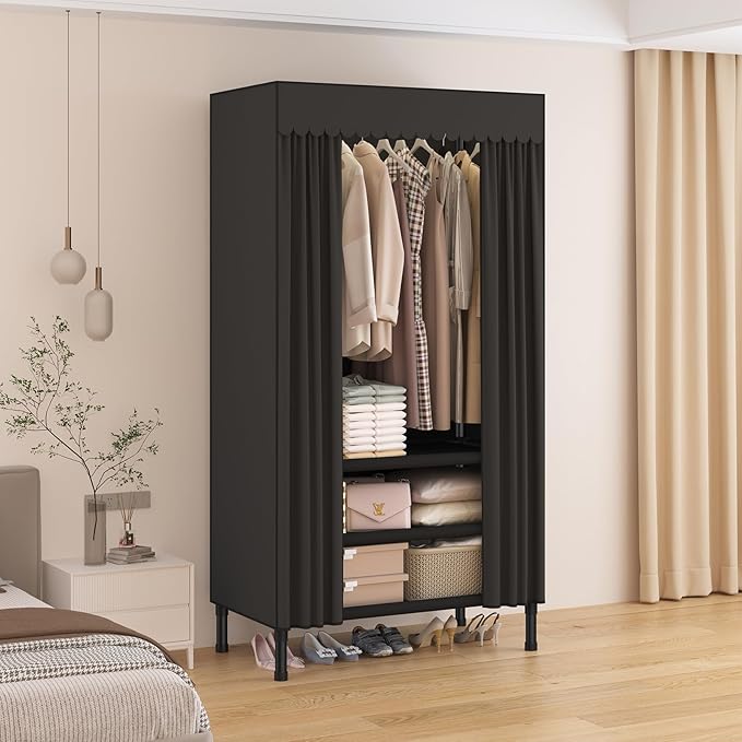 Portable Closet,Garment Rack,Heavy Duty Clothes Rack with Cover,Wardrobe Closet with 1 Hanging Rods, 2 Storage Shelves,27.5" 