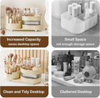 Ivory Rotating Vanity Organizer with Drawer & Brush Holder - 3 Layer Cosmetic Skincare & Perfume Storage - Countertop Makeup 