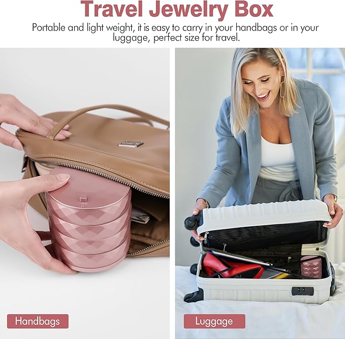 CONBOLA Travel Jewelry Case Box, Small Jewelry Organizer Earring Holder for Women, 5-Layer Rotating Jewelry Storage Tray with