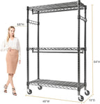 M MZG Heavy Duty Rolling Garment Rack 3 Tiers Adjustable Wire Shelving Clothes Rack with 2 Rods and Side Hooks, Storage Close
