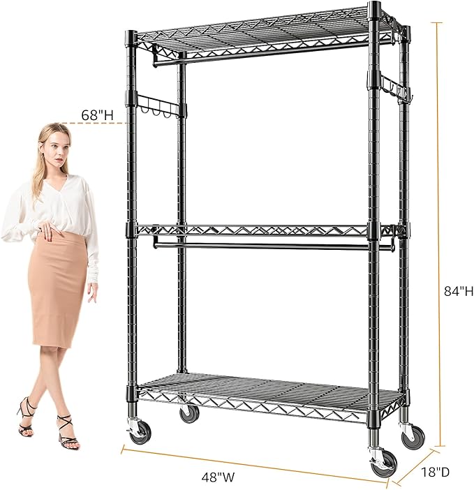 M MZG Heavy Duty Rolling Garment Rack 3 Tiers Adjustable Wire Shelving Clothes Rack with 2 Rods and Side Hooks, Storage Close