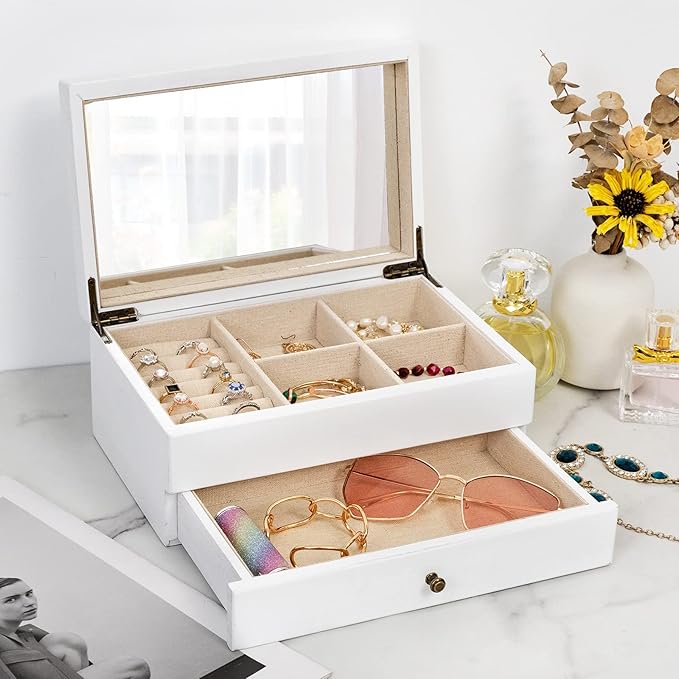 Meangood Jewelry Box Organizer for Women, 2 Layer Large Jewelry Storage Case, Rustic Wooden Jewelry Box with Mirror & Ring Tr