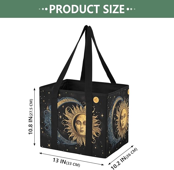 Sun and Moon Reusable Grocery Bags Large Shopping Tote Bag with Reinforced Bottom Board, Water Resistant Foldable Storage Bag