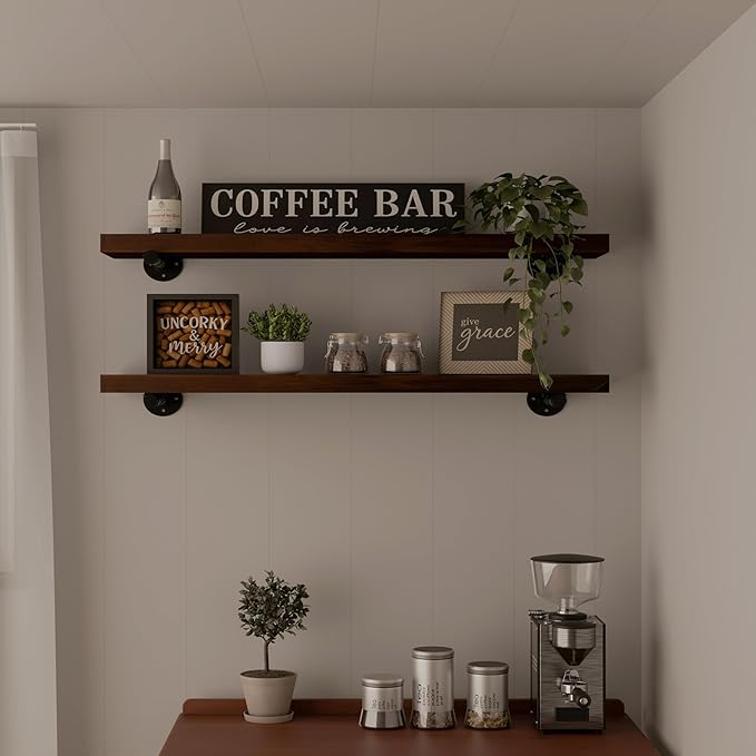 Industrial Pipe Wall Wood Shelves,Real Wooden Shelves 36" inch Long Walnut Color with 1.2 inches Thick Modern Floating Shevle