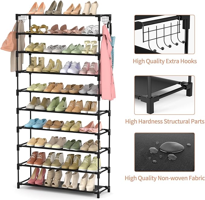 LANTEFUL 10 Tiers Shoe Rack 50 Pairs Large Capacity Tall Shoe Organizer Sturdy Shoe Storage with Two Hooks Space Saving Metal