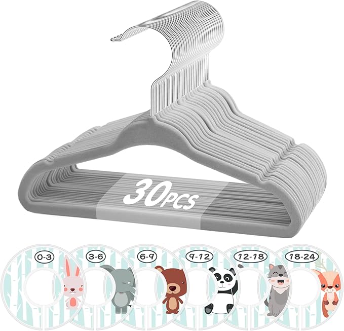 VIS'V Baby Hangers, 11 Inch Velvet Kids Hangers with 6 Pcs Clothes Size Dividers, Infant Toddler Nursery Closet Organization,