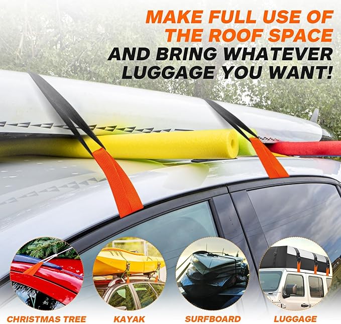 6 Rooftop Cargo Tie Down Hook Straps - Secure Any Car Roof Bag, Roof Rack Cargo Carrier, or Car Top Carrier, Durable and Solid, No Roof Rack Required, Compatible with Most Cars - Registered Patent