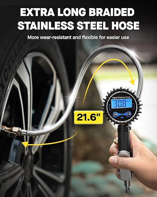 Vondior Digital Tire Inflator with Pressure Gauge 200 PSI - Large 2" Digital Dial, Heavy Duty Air Chuck and Compressor Accessories with Tire Tread Depth Gauge and Quick Connect Coupler Car Accessories