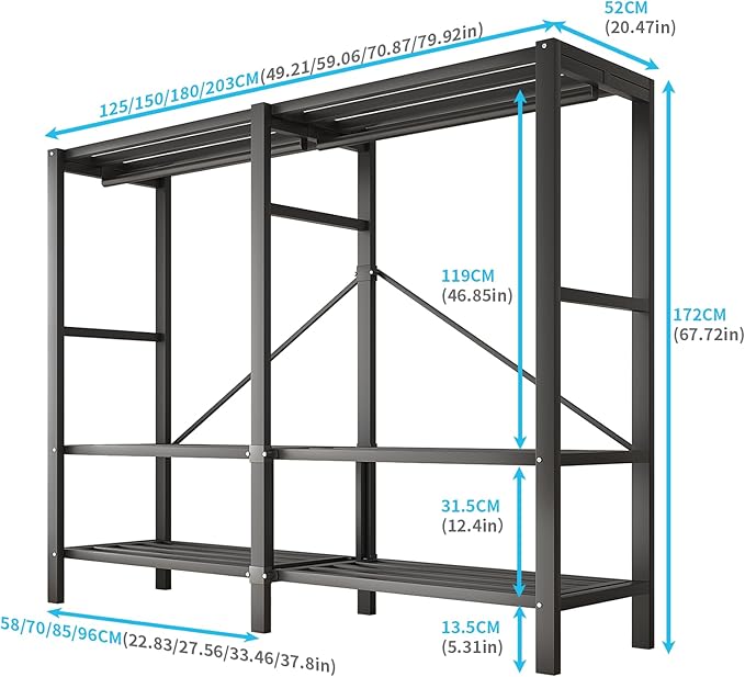 Heavy Duty Portable Closet Wardrobe, Garment Rack with Cover & Hanging Rods, Freestanding Wardrobe with Magnetic Door, Metal 