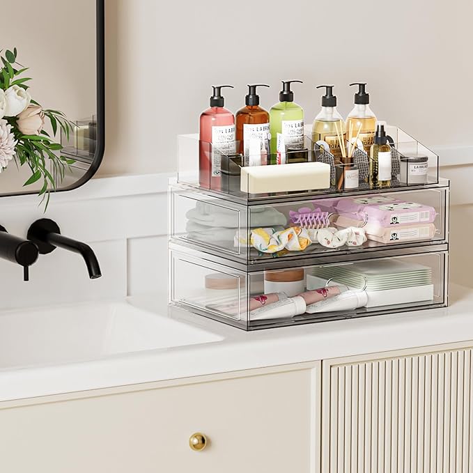 Clear Stackable Makeup Organizer with Drawer, 12''W Acrylic Storage Drawers, Cosmetic Display Case for Vanity Bathroom Counte