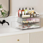 Clear Stackable Makeup Organizer with Drawer, 12''W Acrylic Storage Drawers, Cosmetic Display Case for Vanity Bathroom Counte