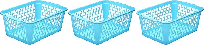 YBM HOME Plastic Perforated Storage Basket Bin Office Drawer, Shelf Desktop Countertop Tray Organizer 32-1184 (3, Blue)